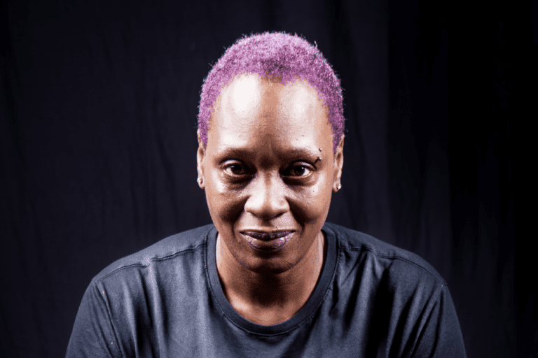 a woman with purple hair