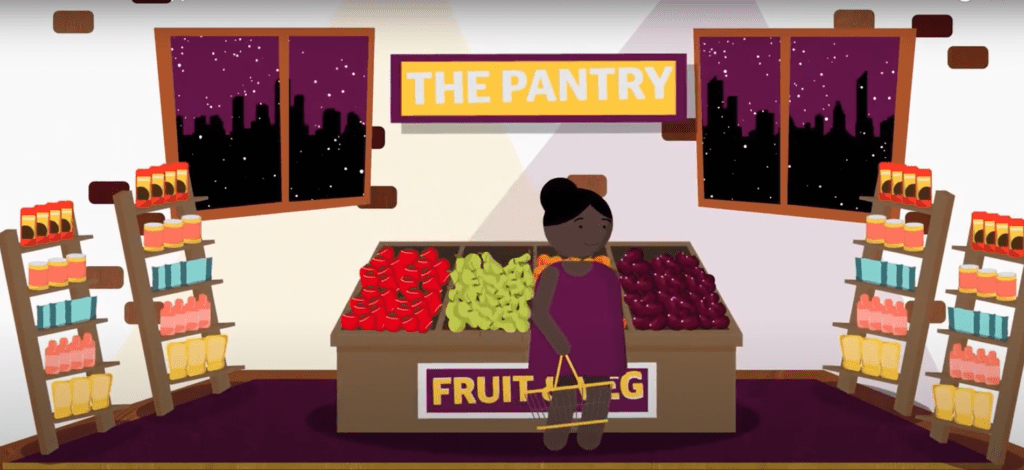 Illustration of a female shopping in the St Giles Pantry at Christmas. With fresh food on shelves all around.