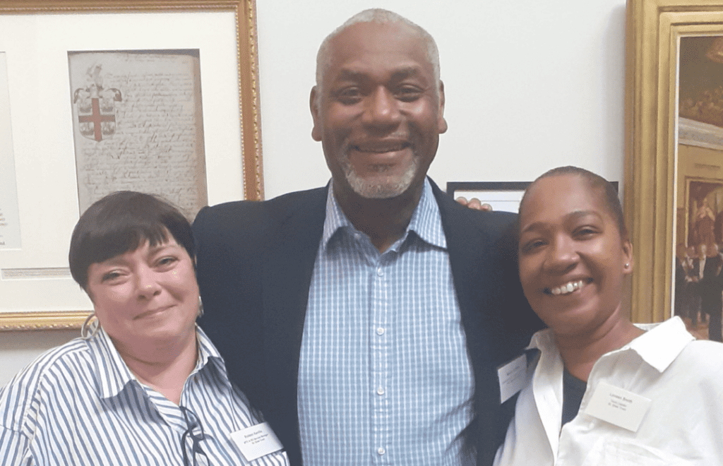 Photograph of three people. (Left) Roisin Keville – St Giles, MTC and ED Service Manager. (middle) Martin P Griffiths CBE DL FRCS National Clinical Director for Violence Reduction (NHS England) Clinical Director for Violence Reduction Network (NHS London) Consultant Trauma and Vascular Surgeon Barts Health NHS Trust Honorary Senior Clinical Lecturer QMUL (right) Laveen Smith – St Giles Vanguard Team Leader