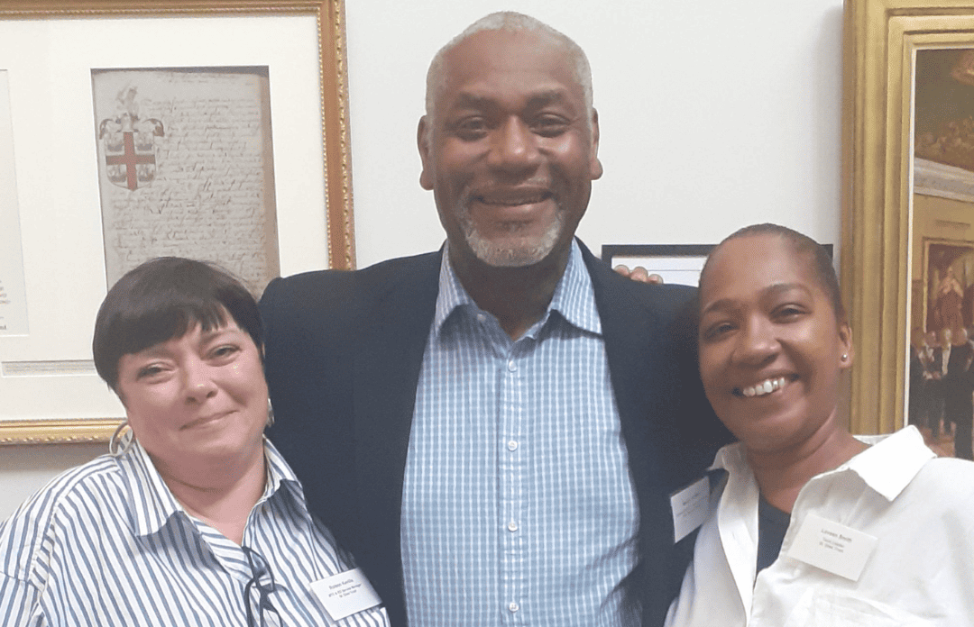 Photograph of three people. (Left) Roisin Keville – St Giles, MTC and ED Service Manager. (middle) Martin P Griffiths CBE DL FRCS National Clinical Director for Violence Reduction (NHS England) Clinical Director for Violence Reduction Network (NHS London) Consultant Trauma and Vascular Surgeon Barts Health NHS Trust Honorary Senior Clinical Lecturer QMUL (right) Laveen Smith – St Giles Vanguard Team Leader