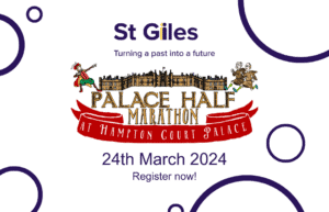 White background with multiple dark blue rings, of difference sizes in the background. St Giles Logo top and centre small with the Hampton Court Palace Half Marathon logo, large in the center. "24th March 2024. Register Now" centralised under the marathon logo.