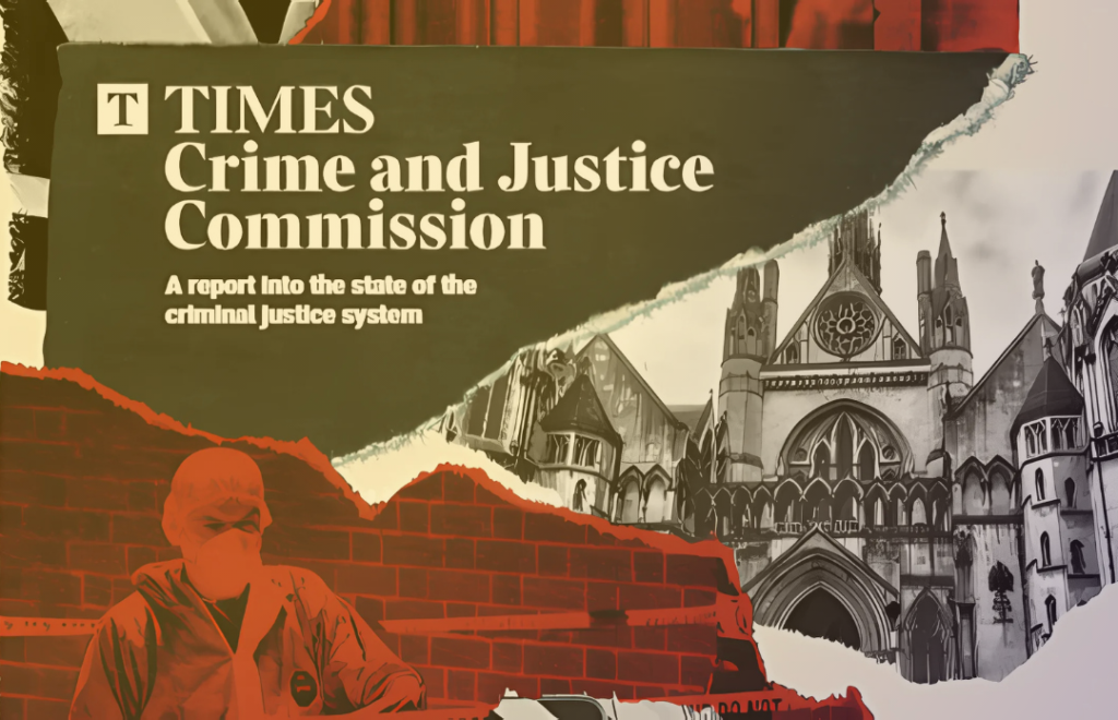 Screen grab of the digital front page of The Times "Crime and Justice Commission" Report. Times logo top left corner with images of the central criminal court and a person forensic overalls.